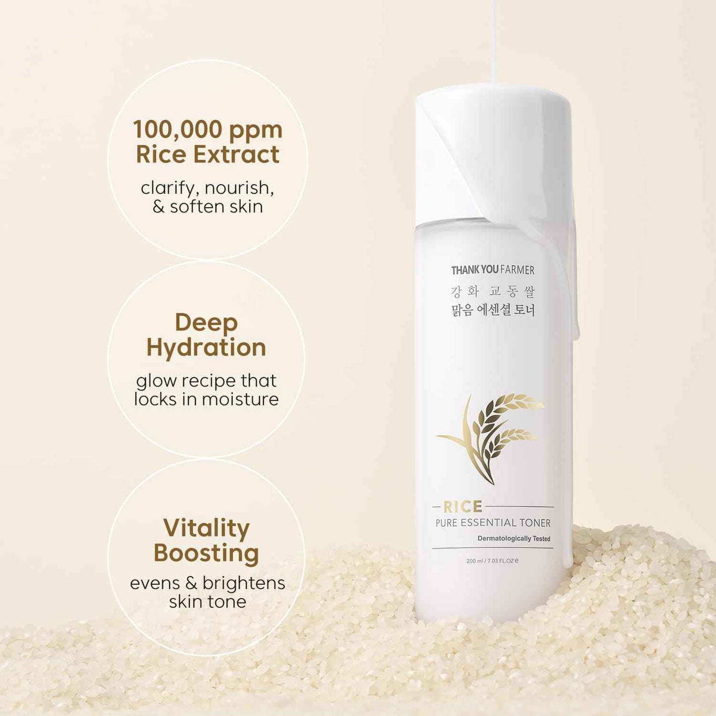 THANKYOU FARMER Rice Pure Korean Milk Toner with Rice Water & Niacinamide - Gentle Hydrating Toner for Brightening and Soothing Dry & Sensitive Skin, Vegan, 7.03 oz