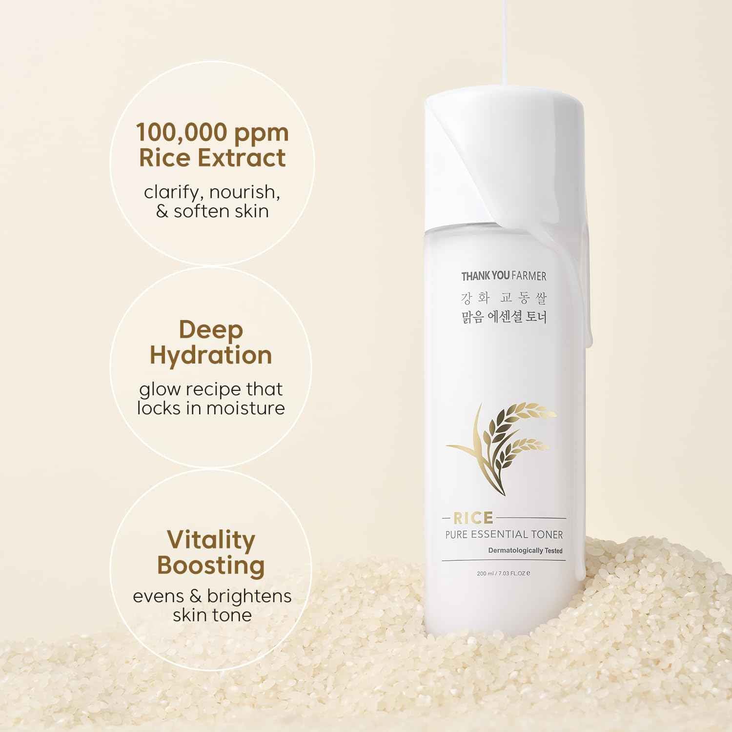 THANKYOU FARMER Rice Pure Korean Milk Toner with Rice Water & Niacinamide - Gentle Hydrating Toner for Brightening and Soothing Dry & Sensitive Skin, Vegan, 7.03 oz