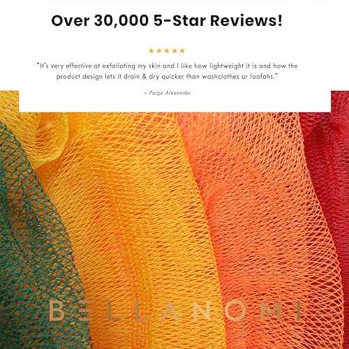 BELLANOMI 4 Piece African Exfoliating Net Sponge Long African Bath Sponge, Authentic Ethically Sourced from Nigeria, Great for Daily Use (Copper Brown, Orange, Green, Yellow)