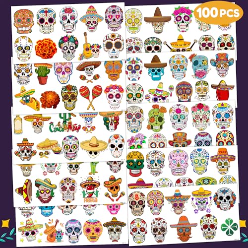 Skull Temporary Tattoos Fiesta Sugar Skull Party Decorations Favors Supplies Mexican Themed Cute Stickers 10 Sheets 100 PCS Gifts for Baby Girls Boys Class School Carnival