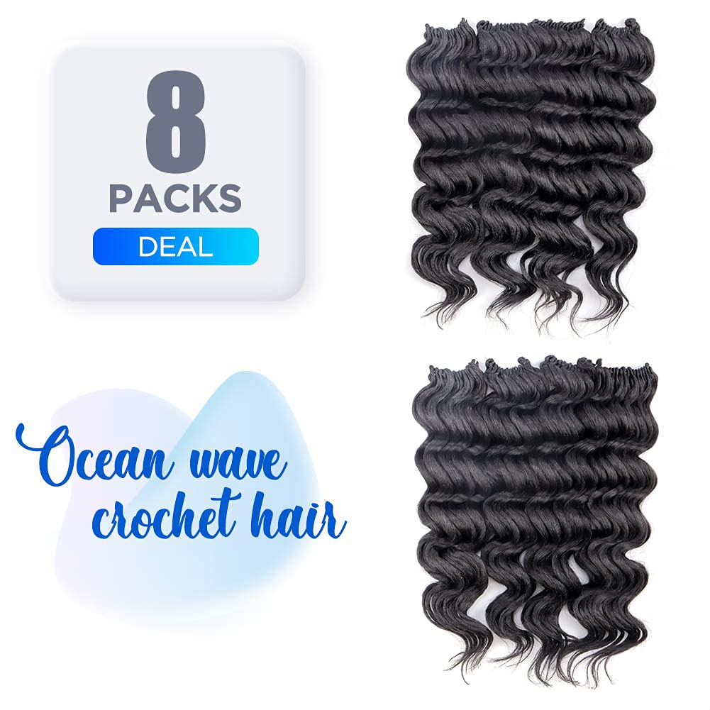 ToyoTree Ocean Wave Crochet Hair - 14 Inch 8 Packs Natural Black Mid-Length Curly Deep Wave Crochet Hair, Synthetic Ocean Wave Braiding Hair Extensions (14 Inch,1B-8P)