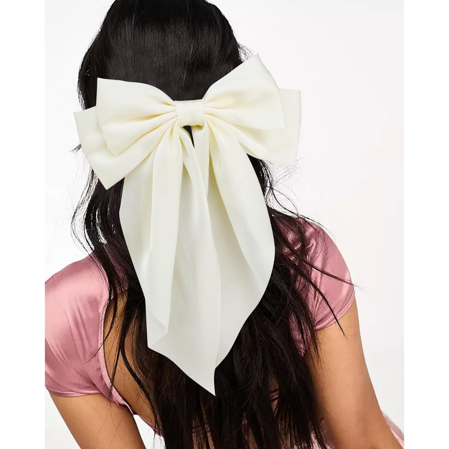 Velscrun Hair Bows for Women Girls 3Pcs White Black Green Silky Satin Large Bows Hair Clip Oversized Hair Ribbons Long Tail Big Bows Hair Accessories