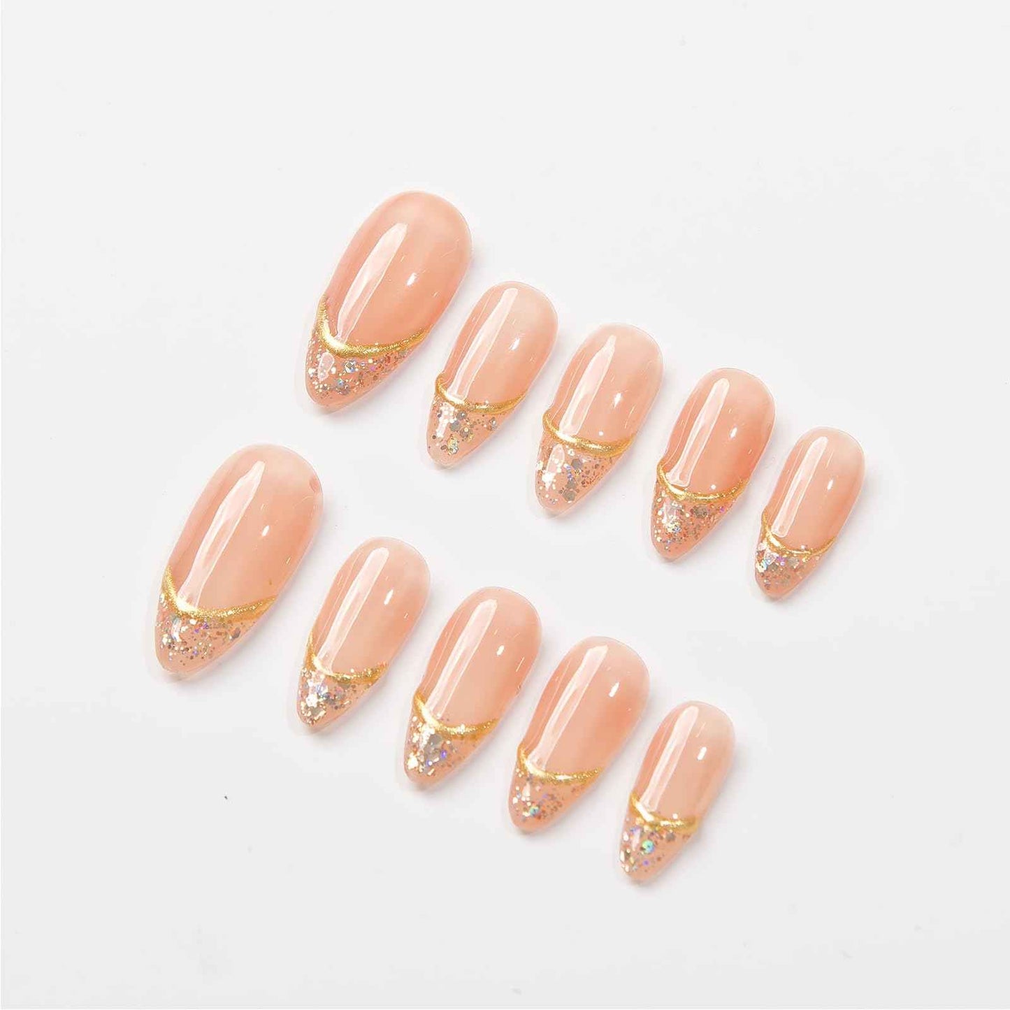 Basic Design with Chrome, French, Light Star Almond Press On Nails, Classic Design Fake Nails for Chrismast Event, Wedding Event, Prom, Party (S005, XS)