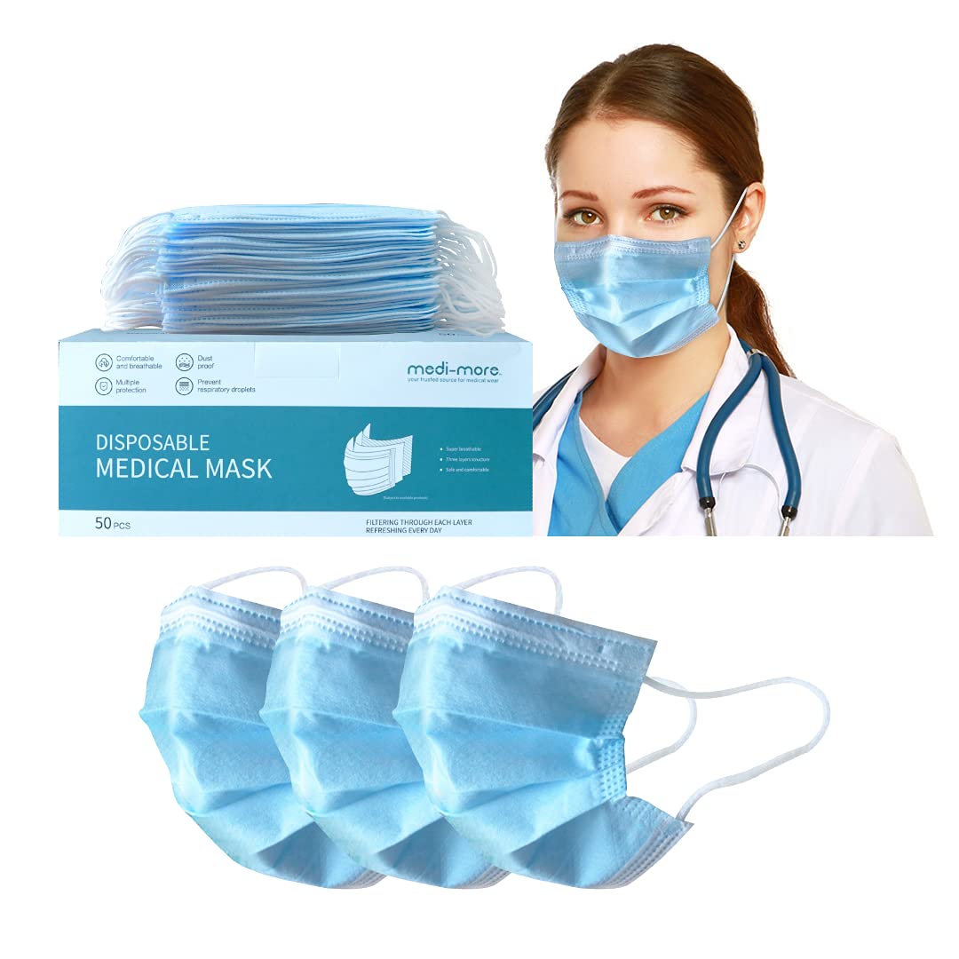 Medi-More Face Masks, Light Blue, 50 Count, Pack of 10