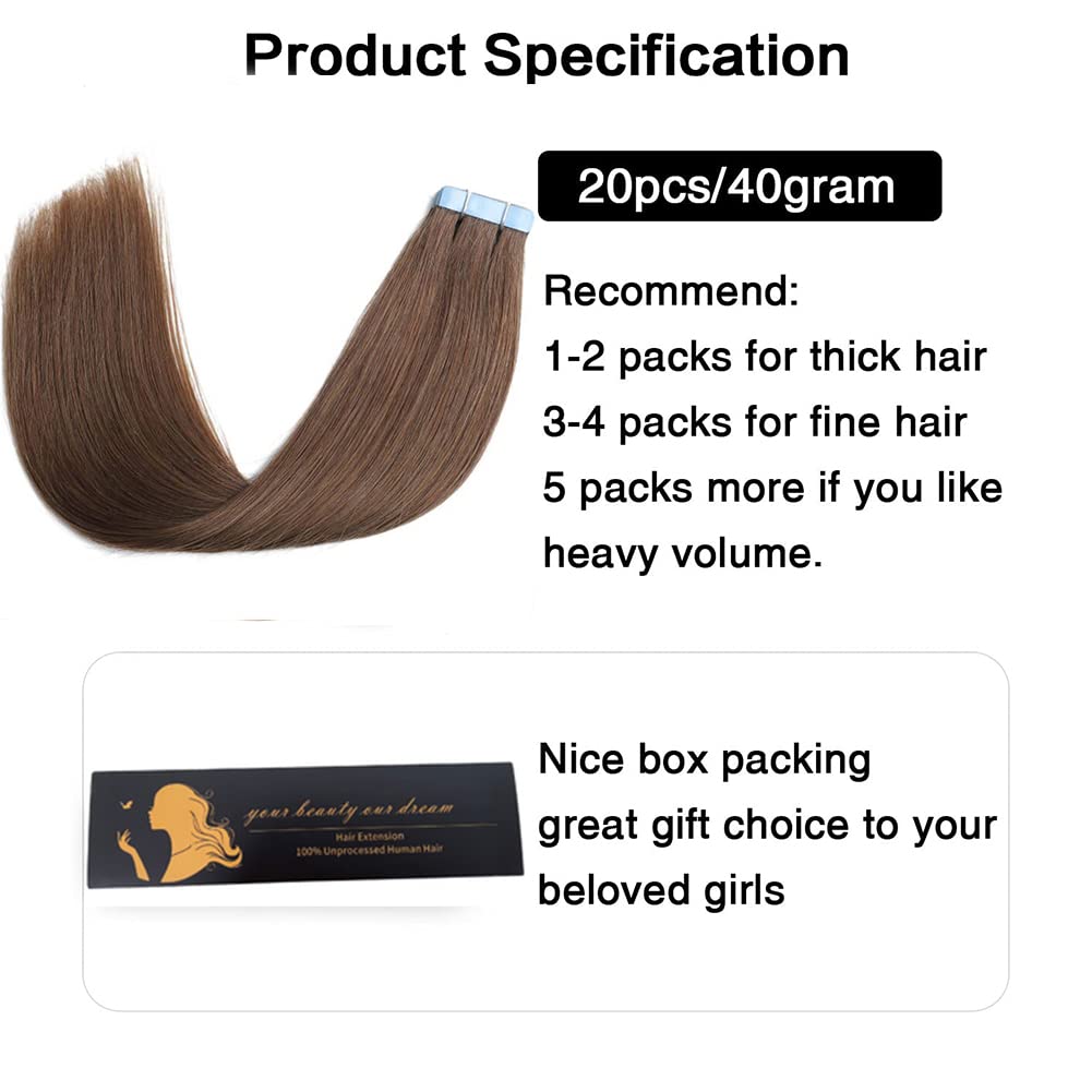 Amella Hair Tape in Hair Extensions Human Hair 12 inches 40g/pack 20pcs Straight Seamless Skin Weft Jet Black Tape Hair Extensions (12 inches #8 Light Brown)