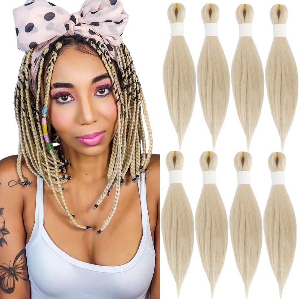 KAVSORAPI 613 Braiding Hair 12 Inch Pre Stretched Hair Colored Short Straight Crochet Braids Yaki Texture Synthetic Hair 8 Packs (613#/Blonde)