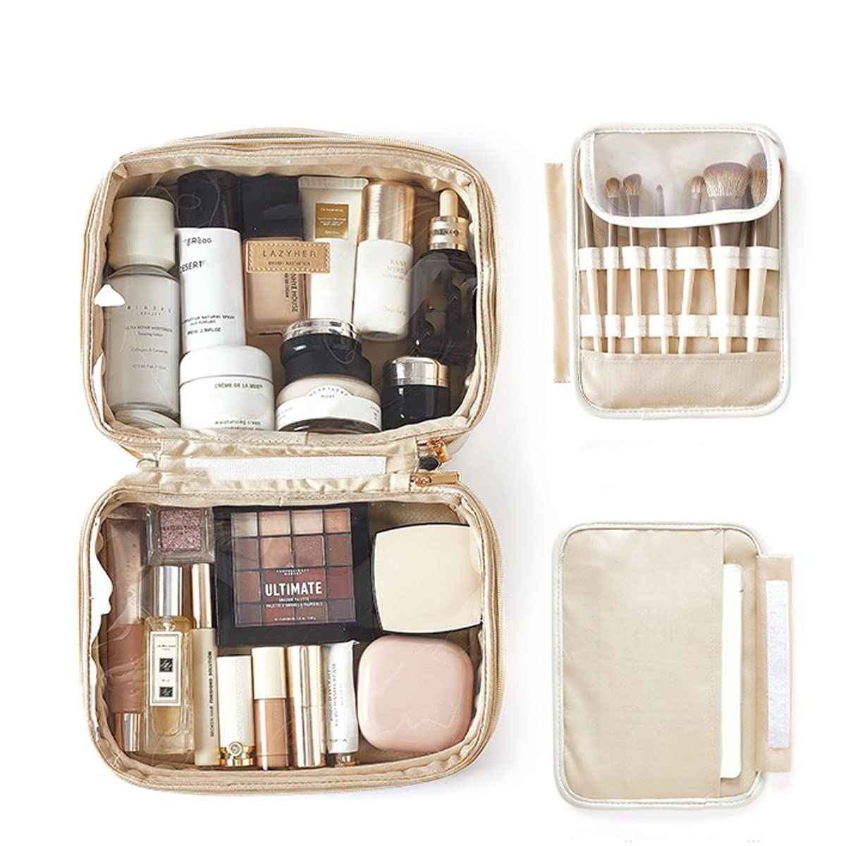 OLBUPS Portable Large Capacity Cosmetic Bag, Skincare Products, Makeup Brush Storage Bag, Double Layer Makeup Bag (White)