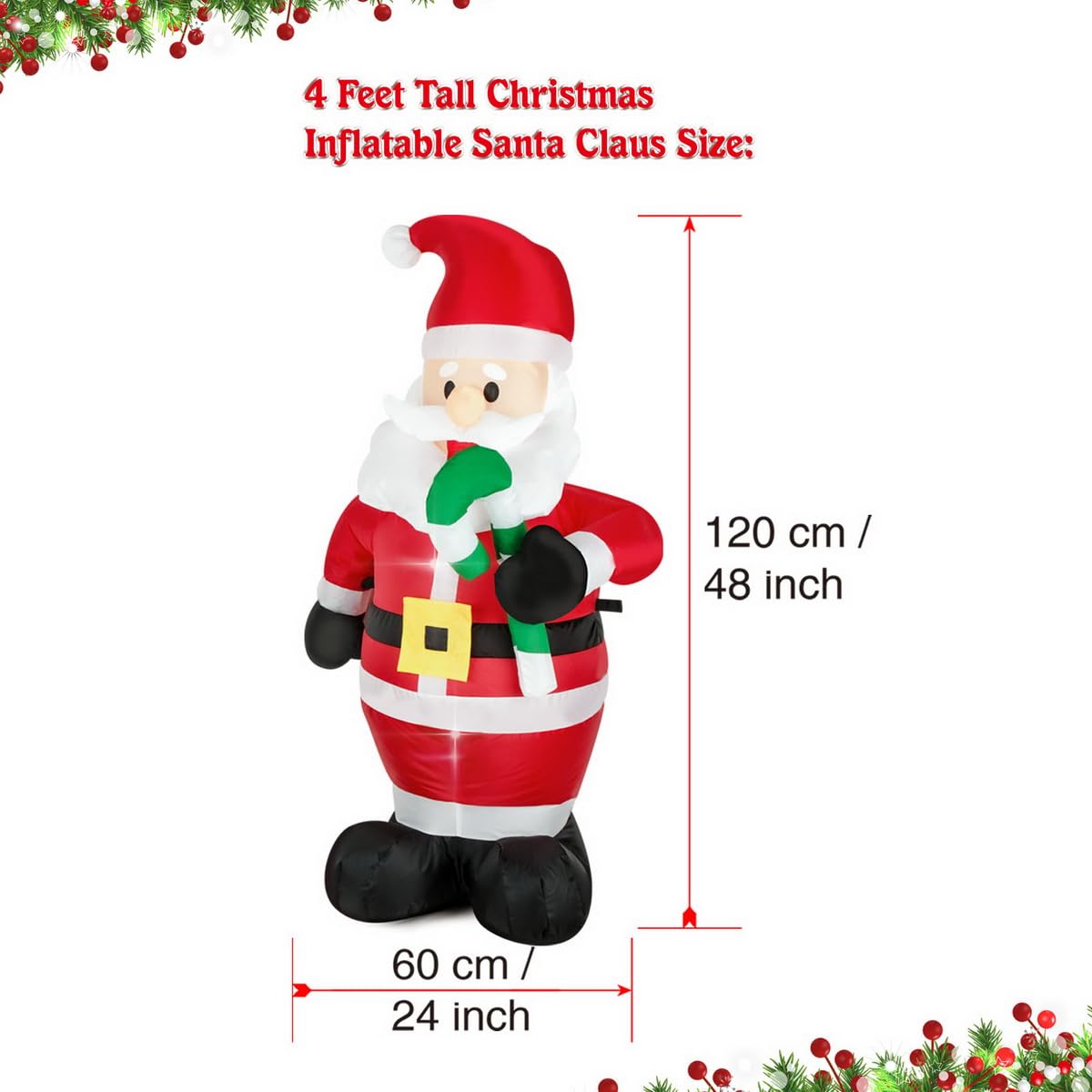 FARONZE Christmas Inflatable Santa Claus Holds Candy Cane Lighted Indoor & Outdoor Christmas Yard Lawn Blow-Up Decoration with Built-in Fan and Anchor Ropes 4 Feet Tall (Santa Holds Candy Cane)