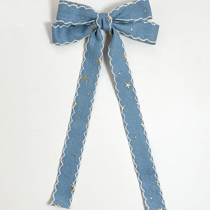 Blue Denim Hair Clip Pin Bow Girls Blue Jeans HairClip Girls Large Bows HairPin BW01 (Set J)