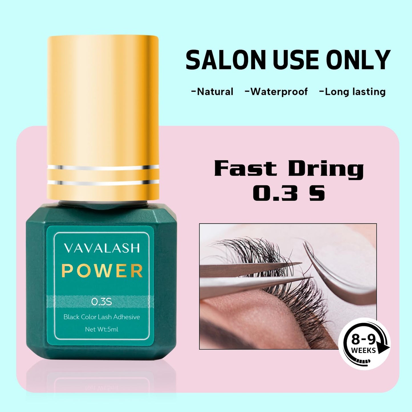 VAVALASH Eyelash Extension Glue Lash Extension Adhesive 0.3 Sec Drying Time Retention 9 Weeks Maximum Bond Lash Glue Long Lasting Black Eyelash Glue Professional Lash Artist Use Only (Power,5ml)