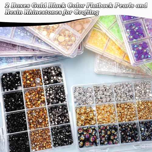 2 Boxes Gold Black Flatback Pearls and Resin Rhinestones for Crafting, 3-6 mm Jelly Rhinestones, Mixed Size Half Pearl Bedazzling Gems for Nail DIY Crafts Mugs Bottles Tumblers Clothes Makeup