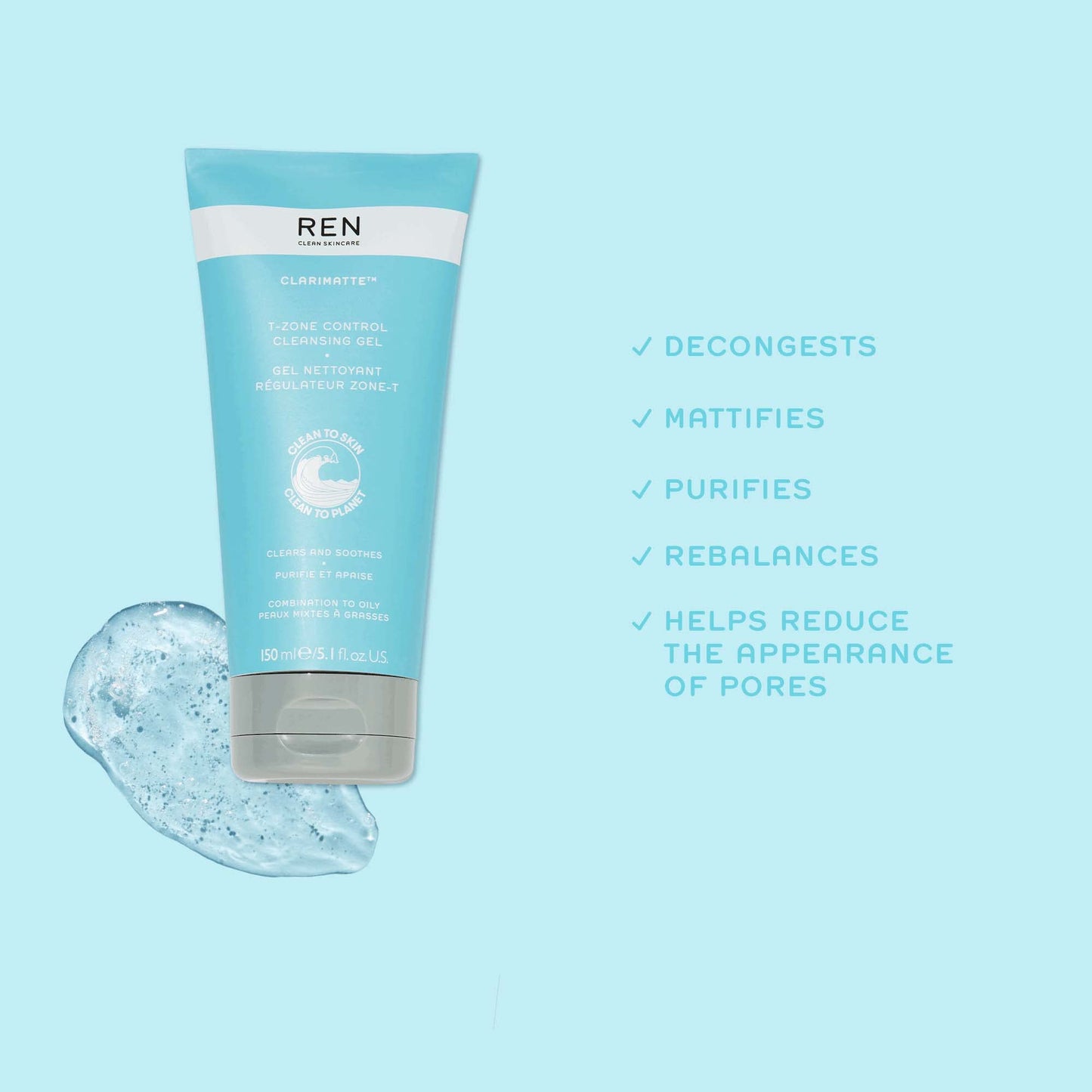 REN Clean Skincare - Clarimatte™ T-Zone Control Cleansing Gel - Balancing Face Moisturizer for Oily or Combination Skin, Cruelty-Free & Vegan