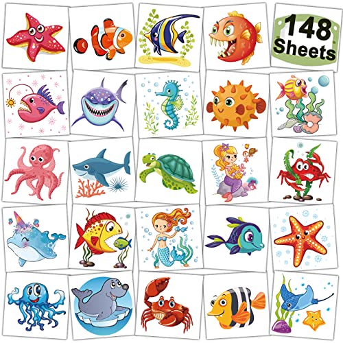 148 PCS Ocean Animals Temporary Tattoos for Kids - Sea Creature Individual Tattoos for Boys Girls Ocean Birthday Party Favors Goodie Bag Fillers