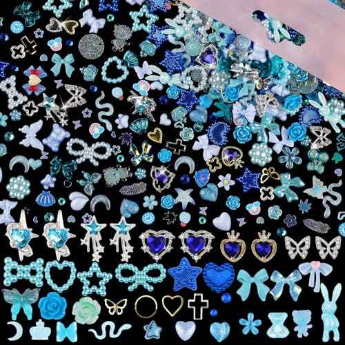650pcs Mixed 3D Nail Charms Kit, 12pcs Luxury Metal Nail Rhinestones and 250pcs Resin Butterfly Flower Star Heart Bow Charms with 400pcs Flatback Pearls Rhinestone Metal Gems Charm (Blue)