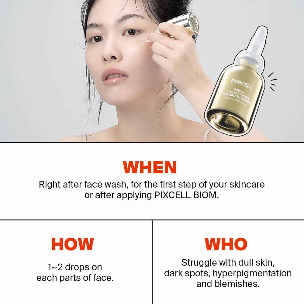 PURCELL 5% L-Glutathione (88B/mL) Flexible Liposome Face Serum - High Concentration with Vitamin B3, Vitamin E, Tranexamic Acid for Hydrating & Brightening (1.85 fl oz / 55ml)