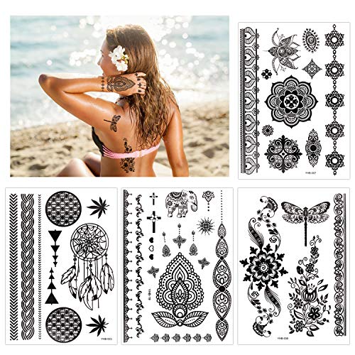 Konsait 10 Sheets Black Henna Temporary Tattoos for Women - Waterproof Festival Body Art Stickers