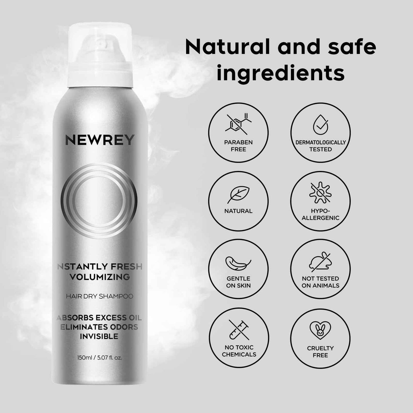 NEWREY Dry Shampoo Spray for Women & Men - Freshens hair, Residue-Free, Volumizing Formula with Rice Starch - Absorbs Oil, Eliminates Odors - 5.07 oz