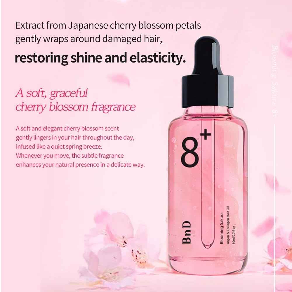 BnD Blooming SAKURA Argan & Collagen Hair Oil 80ml – Lightweight Leave-in Treatment for Dry & Frizzy Hair, Smooth Finish, Non-Greasy, UV Protection, Floral Scent, Nourishing Oil – Korean Beauty