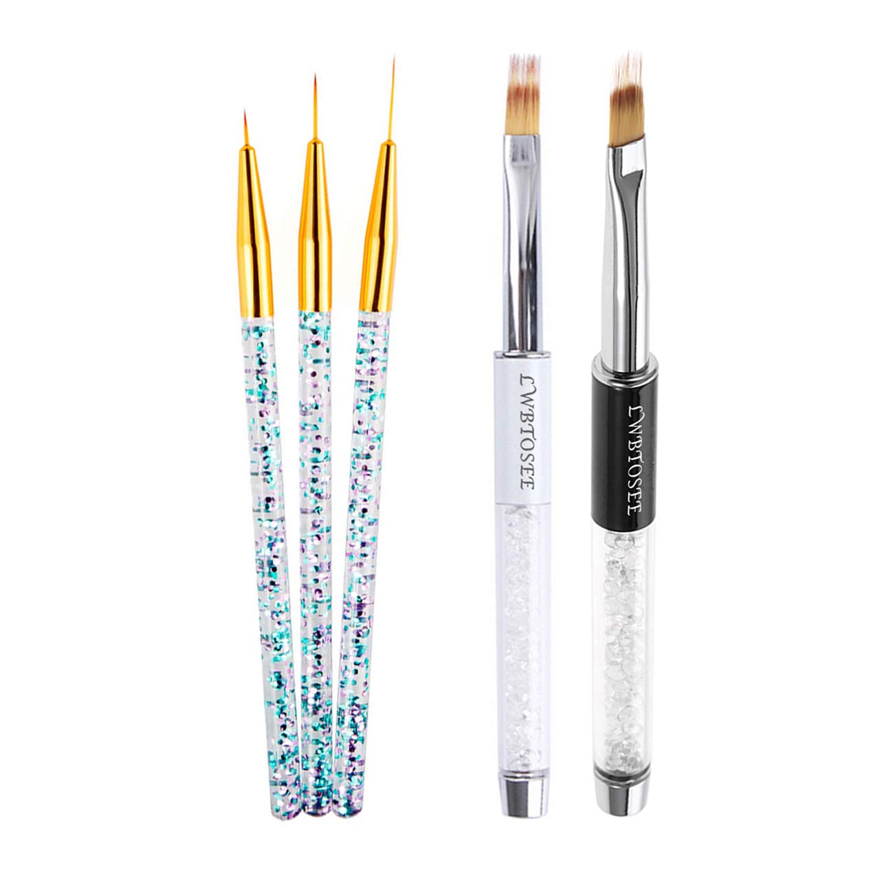 LWBTOSEE 5PCS Nail Ombre Brush Nail Art Painting Pen Brush UV Gel Polish Gradient Color Rhinestone Crystal Acrylic Liner Brush Painting Pen Gel Polish Crystal Nail Art Manicure Tools (Gold)