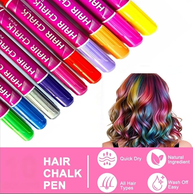 Hair Chalk Pens Set - 10 Washable Colors with Glitter
