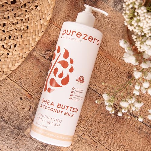 Purezero Shea Butter & Coconut Milk Body Wash, Leaves Skin Hydrated and Fresh, Maintain Elasticity and Smoothness, Zero Sulfates, Parabens, Dyes,100% Vegan & Cruelty-Free (20oz, 2 Pack)