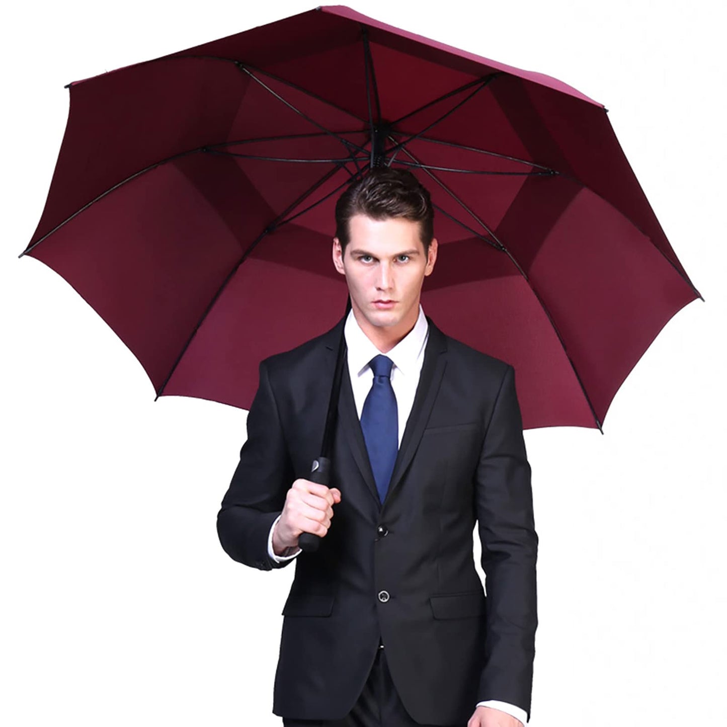 G4Free 54 Inch Automatic Open Golf Umbrella Windproof Extra Large Oversize Double Canopy Vented Windproof Waterproof Stick Umbrellas for Men (Wine Red)