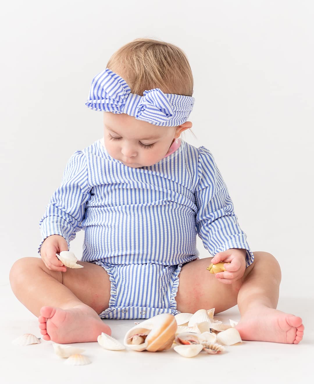 RuffleButts Swim Bow Headband - Periwinkle Blue Seersucker - One Size