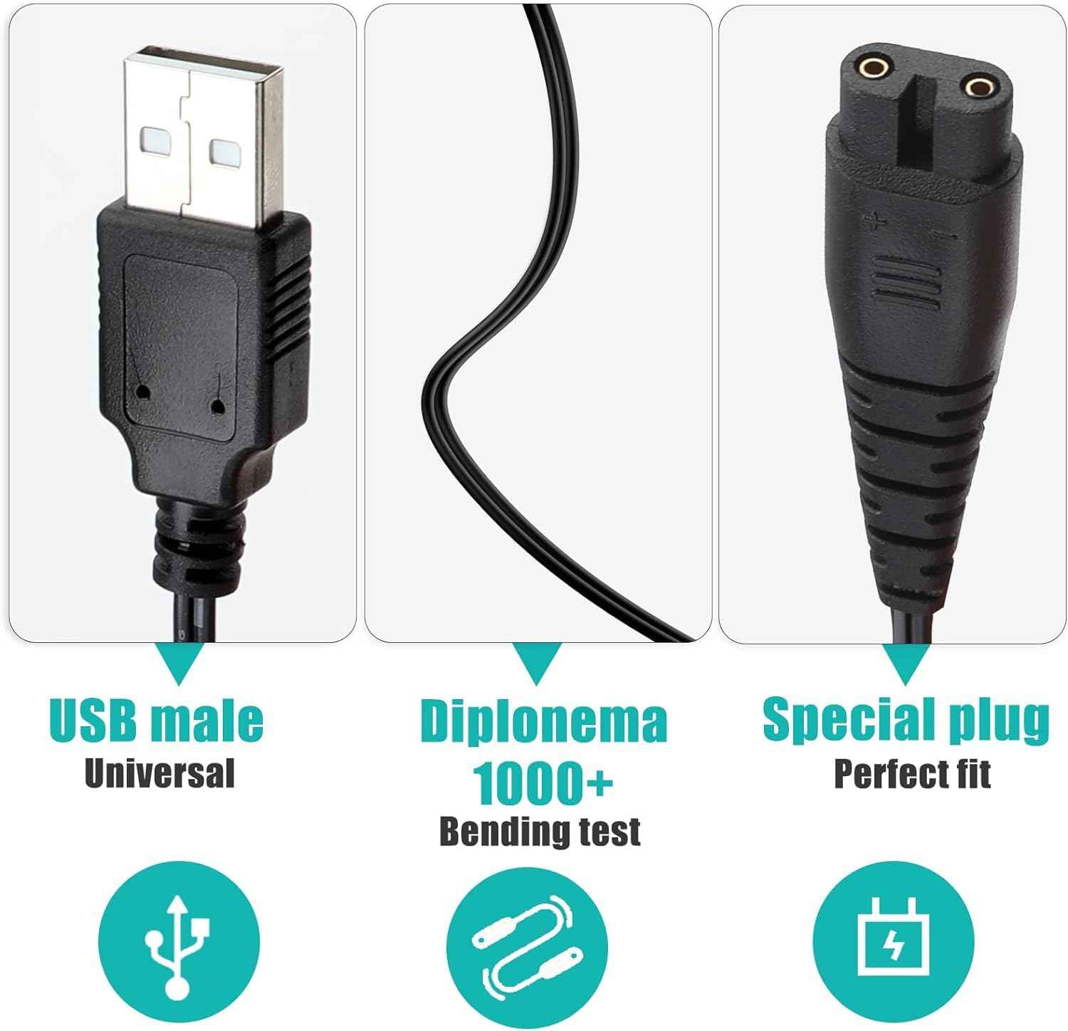 Diertudmy USB Charger Cable Compatible with Hatteker RFC-588 RSCX-7856 RFC-598 RFC-690 RFC-692 RFC-696 RSCX-9598 Charging Cord for Hair Clippers Beard Trimmer