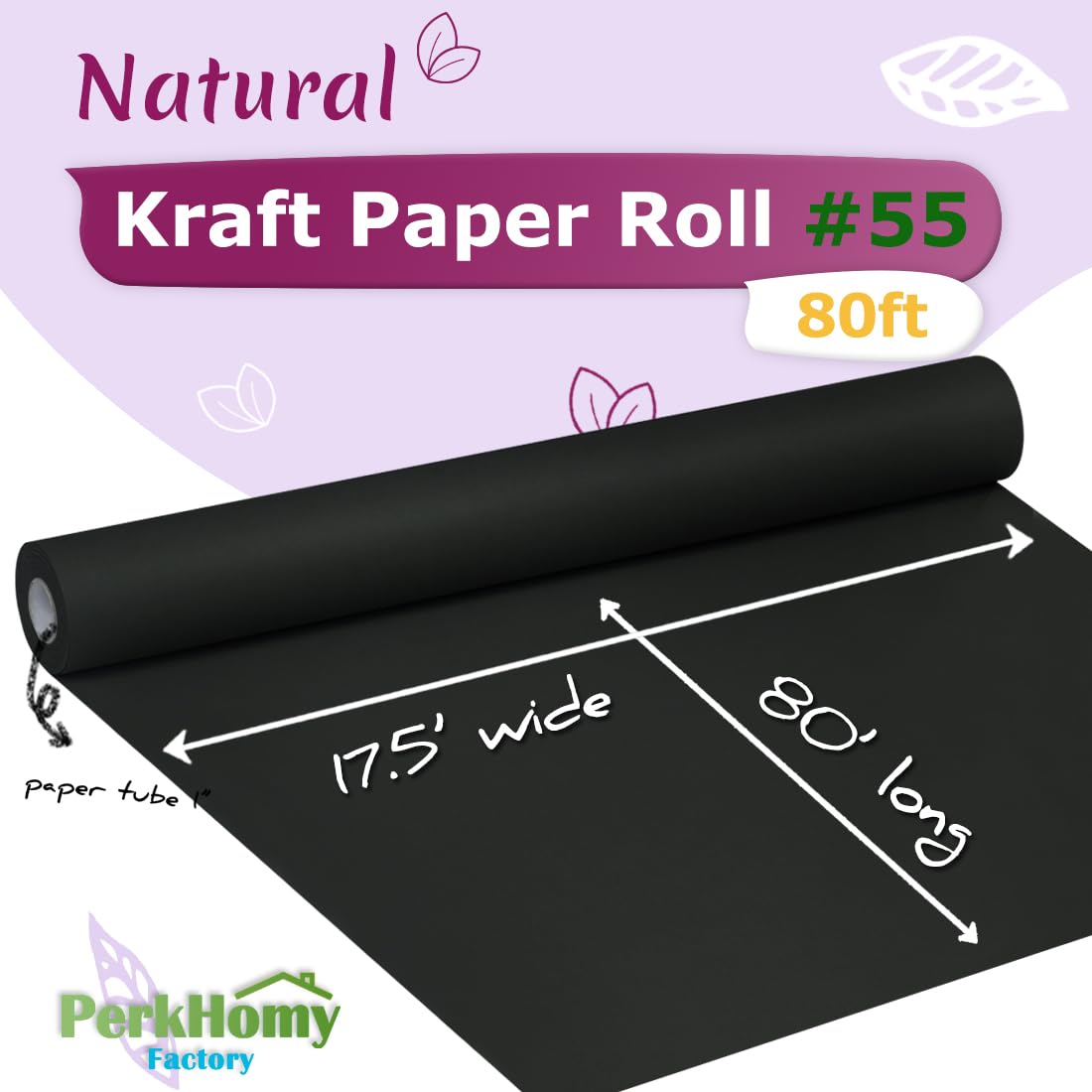 PerkHomy Black Kraft Paper Roll 17.5" x 960" (80') for Gift Wrapping Bouquet Flower Kids Art Painting Craft Writing Packaging Shipping 80GSM 55LB (Black, 17.5" x 80')