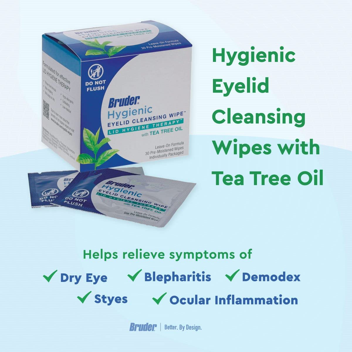 Hygienic Eyelid Cleansing Wipes with Tea Tree Oil, 30 Count Box, Bruder