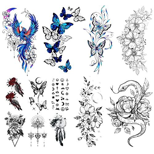 Flower Butterfly Temporary Tattoos for Women Girls, 12Sheets Large Black Waterproof Half-Arm Shoulder Adults Fake Tattoo, Blue Realistic That Look Real Last Long Party Favors Supplies Gifts