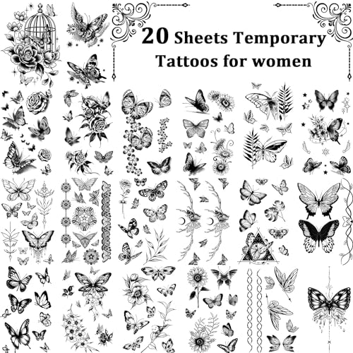 Cerlaza Black Butterfly Temporary Tattoos, 20 Sheets 120 Styles