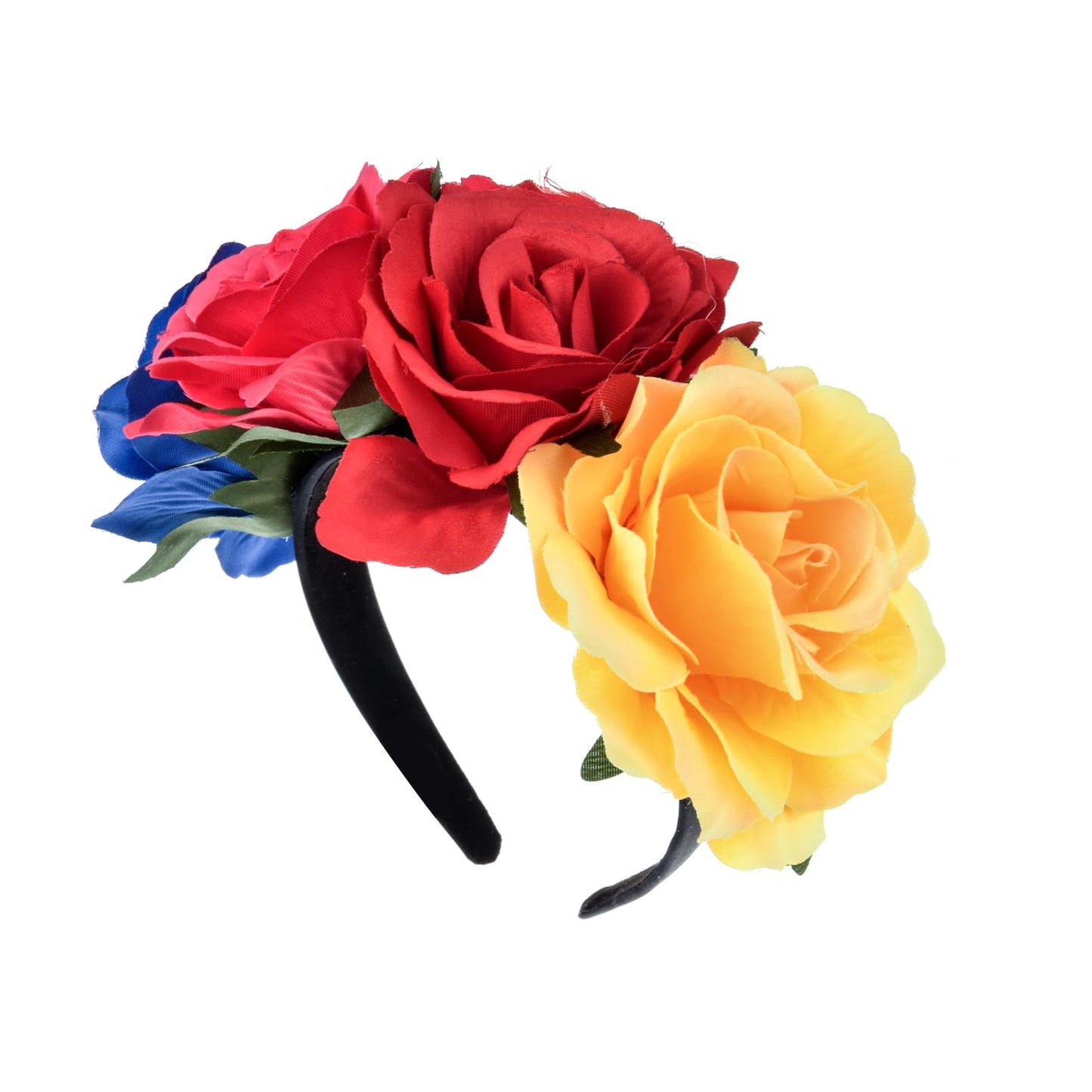 June Bloomy Rose Floral Crown Garland Flower Headband Headpiece for Wedding Festival (H-Red Yellow Blue)