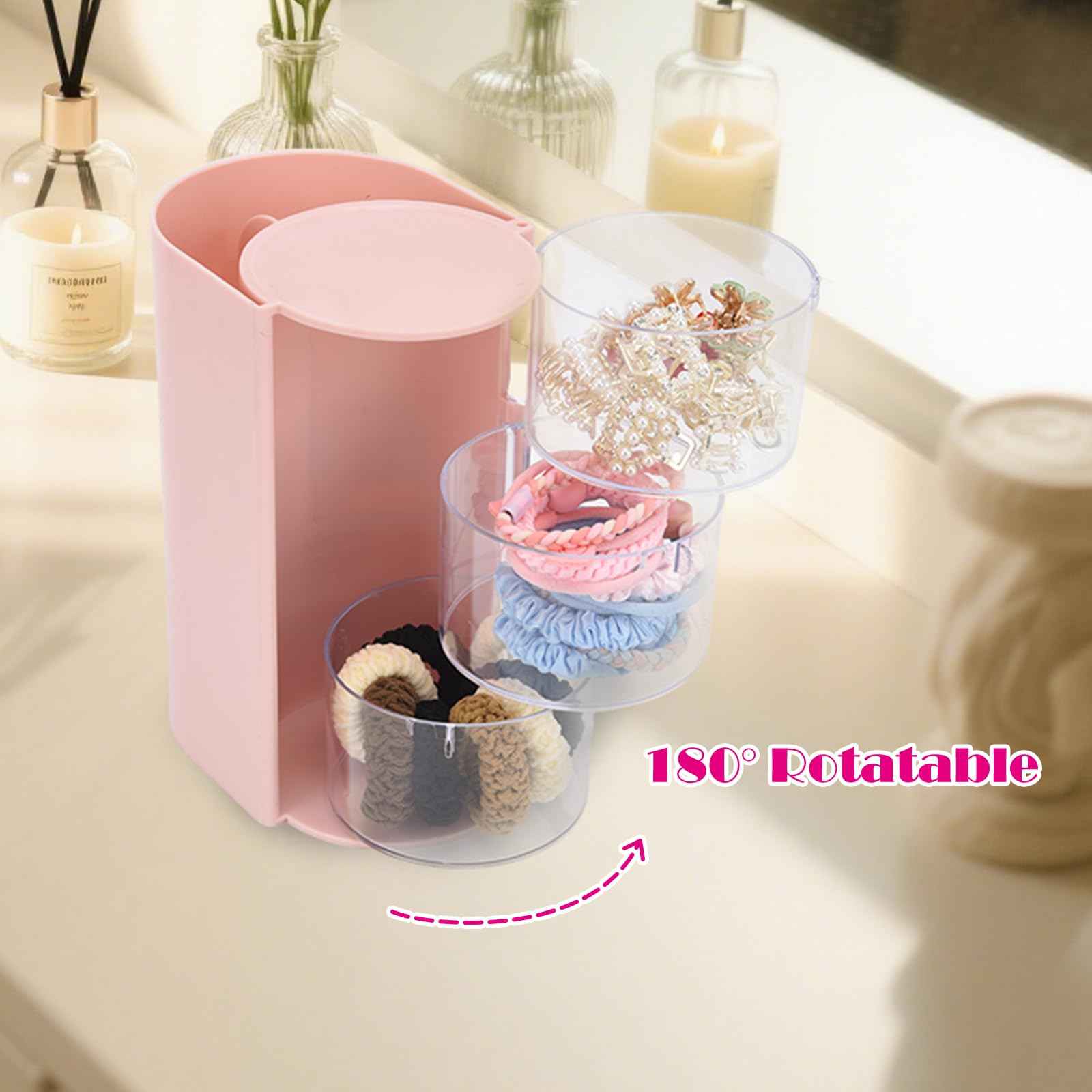 Pink Hair Accessory Organizer, 3-Layer Clear Hair Accessories Organizer Rotatable Small Jewelry Box for Clip Earring Necklaces, The Latest Gift for A Girl.