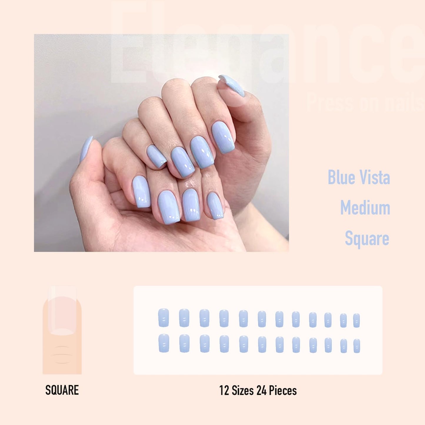 Ligh Blue Press On Nails Medium - Blue Vista Medium Square False Nails, Reusable False Nails with Jelly Glue | Manicure Stick, Mini File, Salon Quality, Acrylic nails | Elegancee Fake Nails Inshope