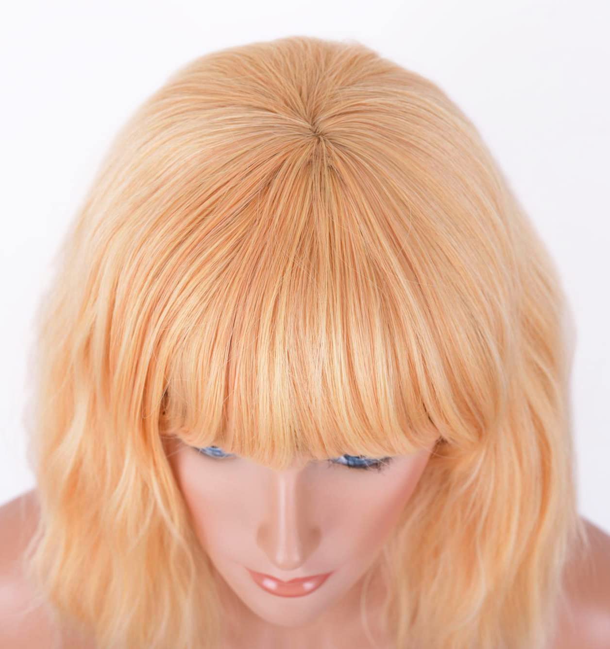 LANOVA Short Curly Wig with Bangs, Yellow Hair Wig, Synthetic Loose Wavy Wigs, Light Orange Wob Wig, 10 inch LANOVA-134-9