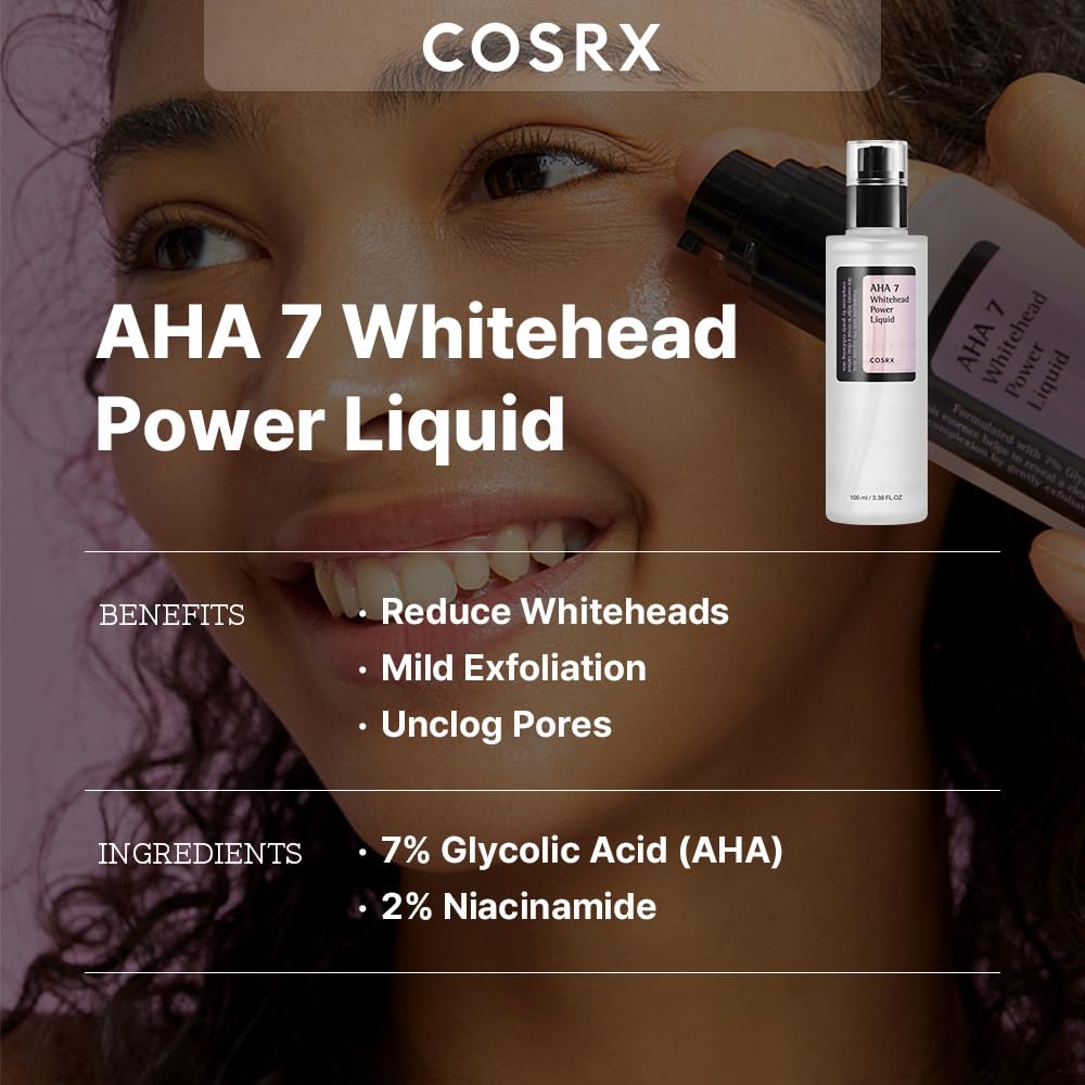 COSRX AHA 7 Whitehead Power Liquid, 3.38 fl.oz / 100ml, Whitehead Remover, Glycolic Acid 7%, AHA Exfoliant, Pore Minimizer, Korean Skin Care, Animal Testing Free, Paraben Free