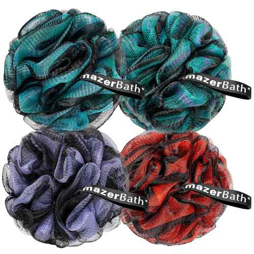 AmazerBath Charcoal Loofah Sponge, Large Shower Loofah 75g/PCS - Body Scrubber Loofa Set of 4 - Charcoal Blue, Green, Purple & Red, Bath Sponge for Men and Women