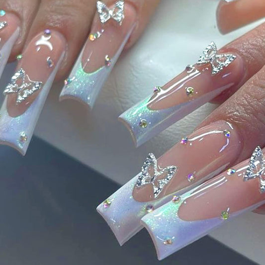 24Pcs Long Press on Nails White French Tip Fake Nails Coffin Ballet False Nails with Butterfly Rhinestones French Design with Charms Nail Decoration Full Cover Nail Tips Stick on Nails for Women Girls