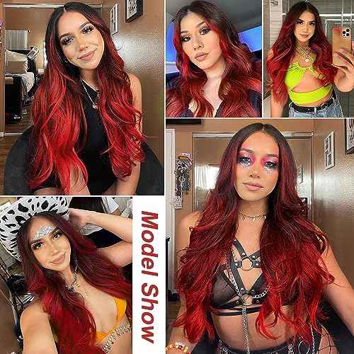 Red Wavy Wig 26 Inch Long Red Ombre Wigs for Women Ombre Red Middle Part Wig Synthetic Heat Resistant for Daily Party Use (Ombre Red 26 Inch)