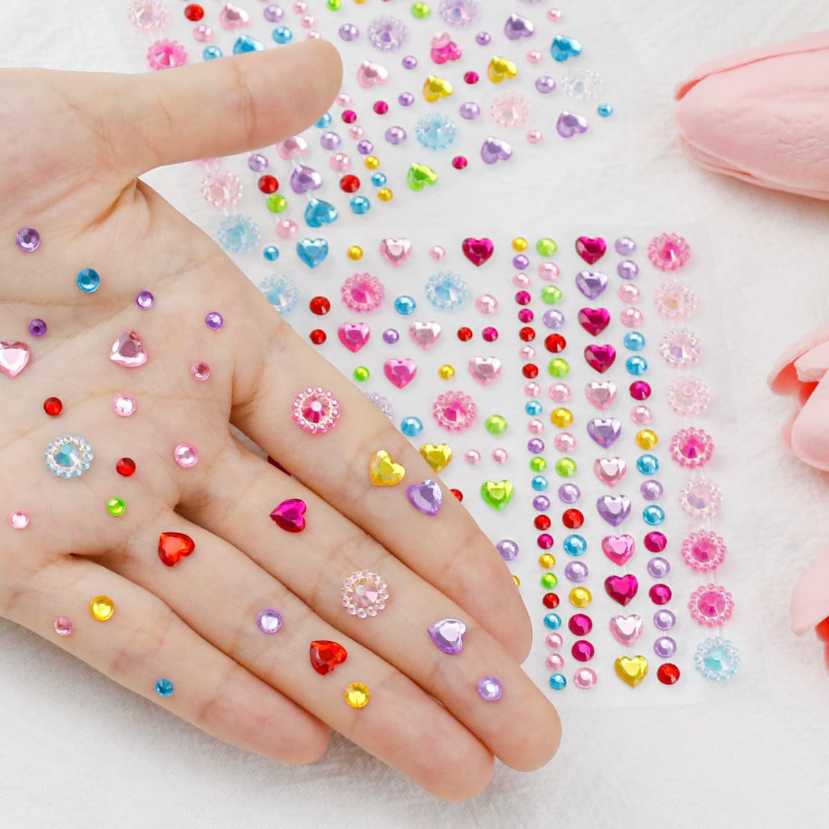 2PCS Face Gems Eye Jewels Stickers Self Adhesive Rhinestones Gems Crystals Pearls Decal Rainbow Heart Rhinestone for Makeup Hair Body Stick Gems for Women Festival Accessory and Nail Art Decoration