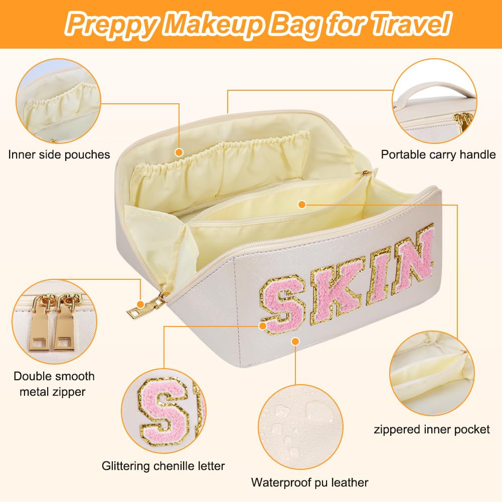 JOINDO Large Capacity Travel Cosmetic Bag, Chenille Letter Preppy Makeup Bag, PU Leather Open Flat Toiletry Bag Organizer with Divider and Handle, Portable Waterproof Makeup Bag for Women