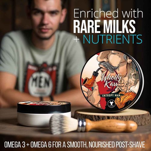 Entropy Man Tallow Shaving Soap. Enriched with Donkey Milk, Water Buffalo Milk, Whey Proteins, Omega 3, Omega 6, Hops Extract. Tobacco, Leather, Plum, Rum, Hay