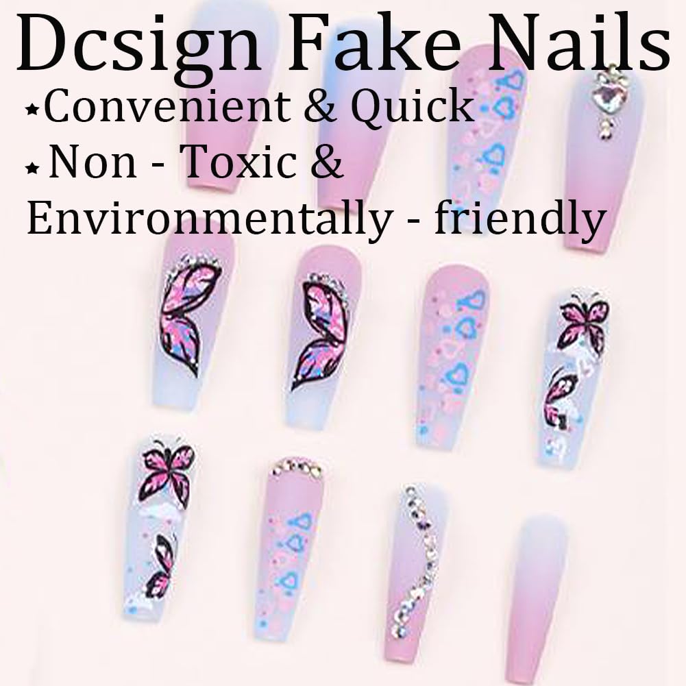 Long Press on Nails Heart-Shaped Ombre Long Fake Nails Coffin Press on Nails Square False Nails with Butterfly&Rhinestones Design Acrylic Nails Press on Artificial Nails Stick on Nails For Women-24Pcs