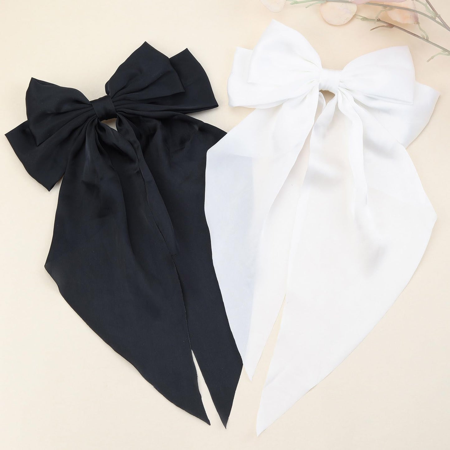 2Pcs Big Satin Layered Hair Bows for Women Girls 8 Inch Barrette Hair Clip Black White Large Long Bows French Style Hair Accessories (Black+White (satin))