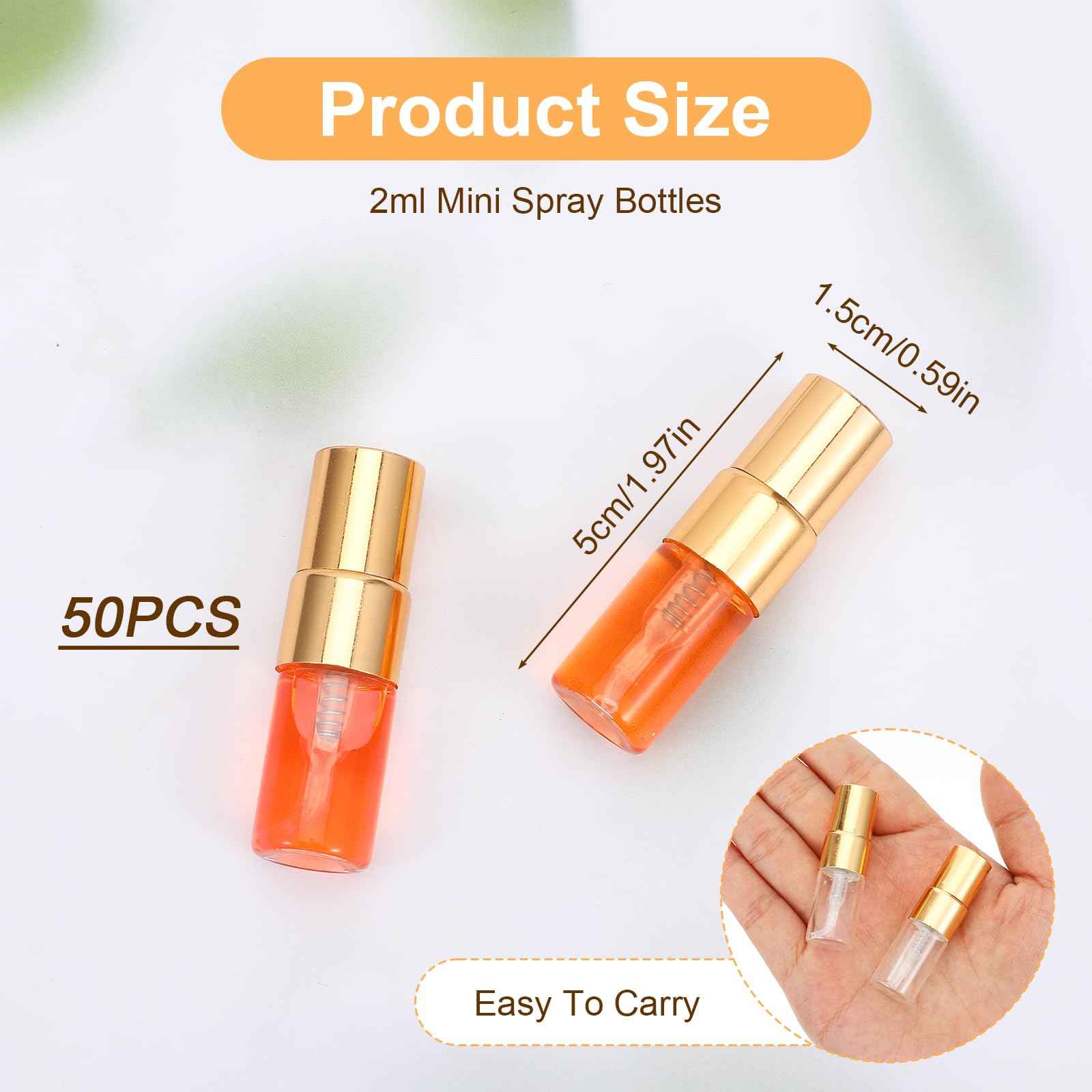 AojSup 50 Pcs Mini Spray Bottles, 2 ml Clear Glass Perfume Bottles, Refillable Fine Mist Perfume Atomizer, Portable Empty Sample Containers for Cleaning, Essential Oils, Travel (Gold Cap)