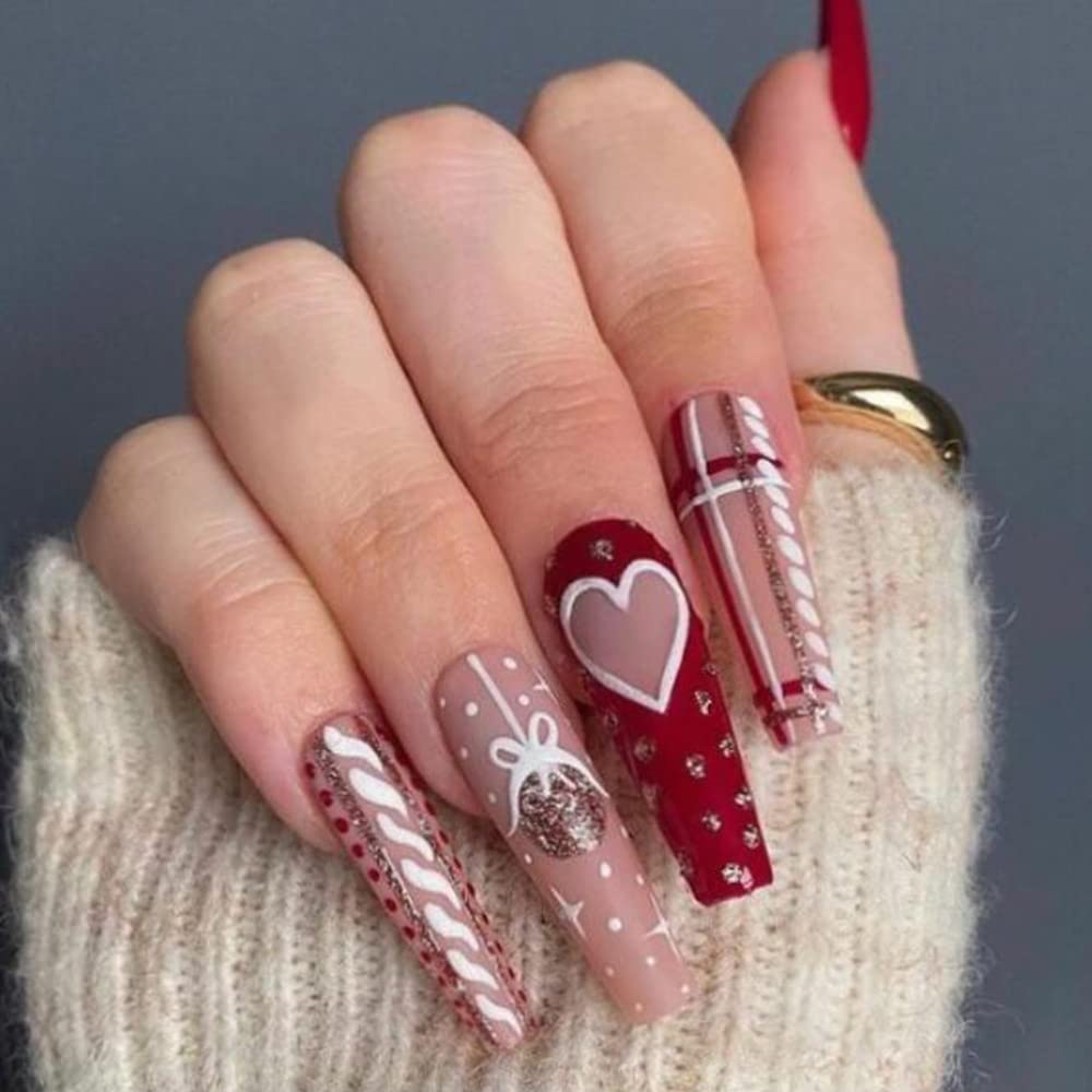 Christmas Press on Nails Super Long Square Fake Nails Red Bell Heart Stripe Glitter Design Full Cover Glue on Nails Artificial False Nail Tips Christmas Press on Nails for Women Girls 24Pcs