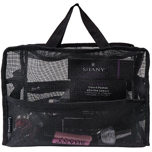 SHANY Collapsible Makeup Tools Travel Mesh Bag ? Large See-Thru Travel Tote with Shoulder Straps ? Water-Resistant with Zippered Pockets ? Black