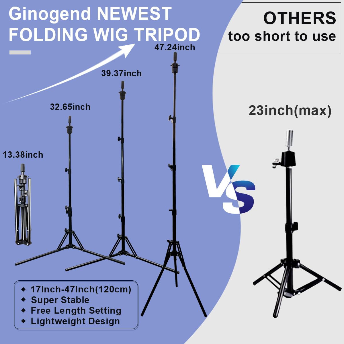 Ginogend Upgrade Mannequin Head Stand, Adjustable Foldable Wig Stand Tripod, Reinforced Metal Mannequin Head Tripod Stand for Cosmetology Hairdressing Training