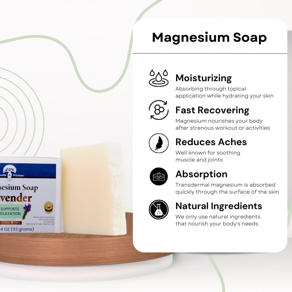 Health and Wisdom Magnesium Soap Bar - Magnesium Body Wash, All Natural Soap Bar, Magnesium Bar Soap, Magnesium Shower, Magnesium Oil, Bath Soap Bars, Lavender Soap Bars - Lavender, 4 Oz (Pack of 2)